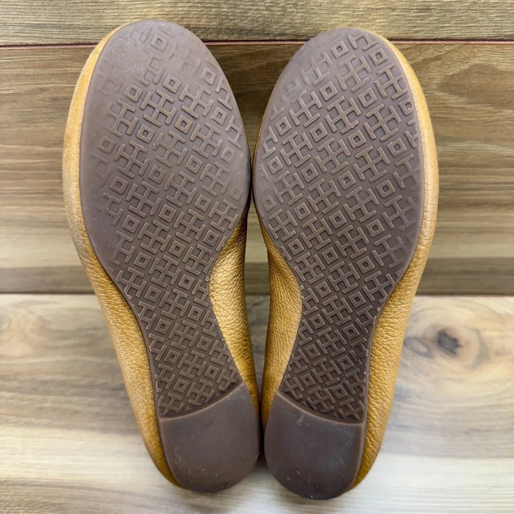 Tory Burch‎ Reva Flats Tan Womens 5 C Pebble Leather Gold Logo